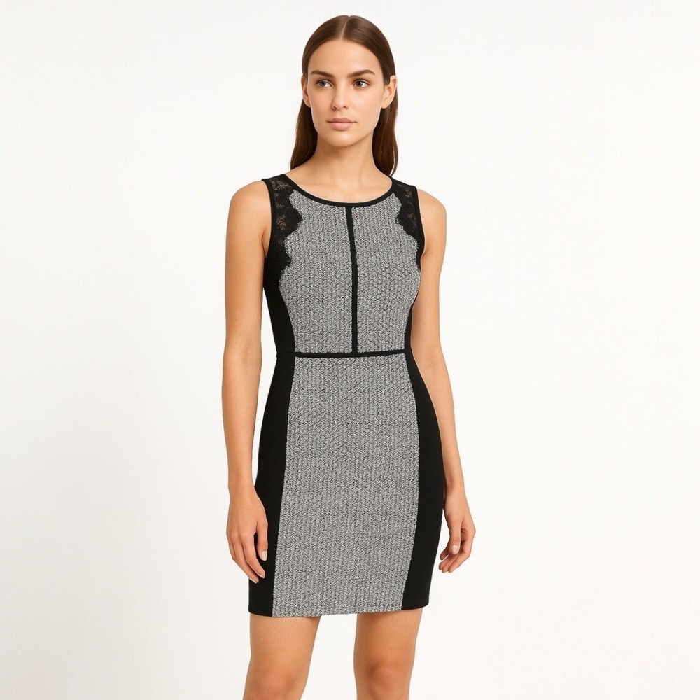 ELLE Womens Black White Tweed Lace Trim Sheath Dress Size 8 Sleeveless Zip Back